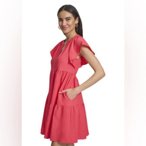 Calvin Klein Women's Flutter Sleeve V-Neck Gauze Dress Size 12 NWT Watermelon - Picture 3 of 16